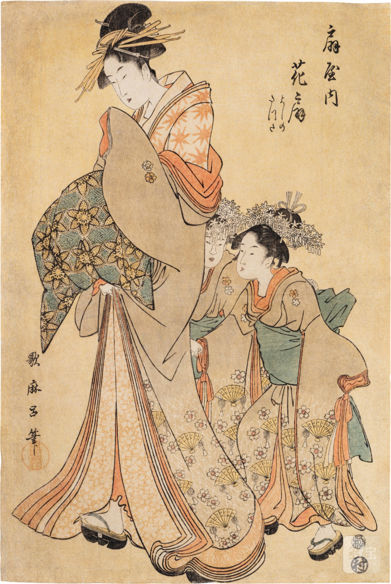 Kitagawa Utamaro (1753-1806) | The courtesan Hanaogi from the Ogiya house, kamuro Yoshino and Tatsuta | Edo period, late 18th century